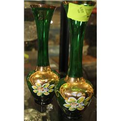 PAIR OF ESTATE GREEN FLORAL VASES