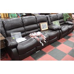 BROWN LEATHER RECLINING SOFA W LOVE SEAT