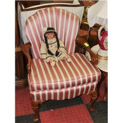 VINTAGE WOOD ARMCHAIR W STRIPE UPHOLSTRY
