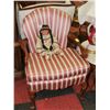 Image 1 : VINTAGE WOOD ARMCHAIR W STRIPE UPHOLSTRY
