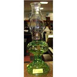 GREEN AND CLEAR GLASS VINTAGE OIL LAMP