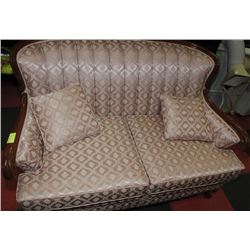VINTAGE WOOD CARVED DUSTY ROSE LOVE SEAT