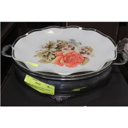 VINTAGE SILVER SERVING TRAY WITH GLASS BOWL INSERT