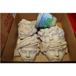 FOUR GARDEN HEADS & FLOWER POT