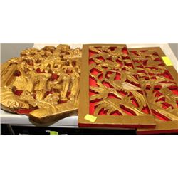 3 PC GOLD TONE WOOD CARVED WALL HANGING SET
