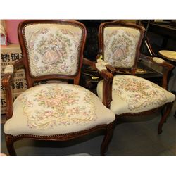 PAIR OF FRENCH PROVINCIAL WOOD CARVED NEEDLEPOINT