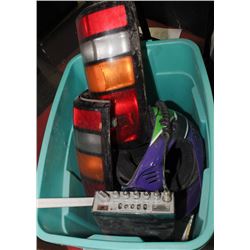 BIN OF MISC INCLUDES TAIL LIGHTS FOR FORD, JVC
