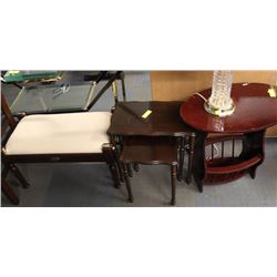 WOOD AND FABVRIC STOOL SOLD WITH NESTING TABLE SET