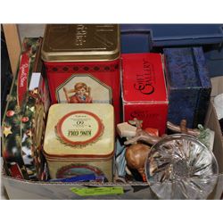 BOX OF COLLECTIBLE TIN & ORNAMENTS
