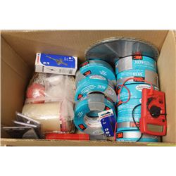 BOX W DUCT TAPE/MULTIMETER/HALOGEN BULBS ETC