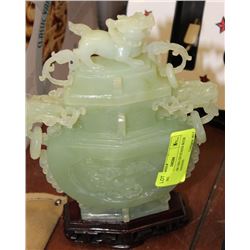 SMALL JADEITE URN ON STAND WITH LION & DRAGONS