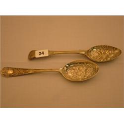 Unusual pair of continental silver gilt berry spoons, 9.5" long…