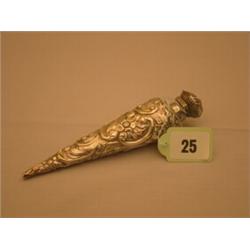 Silver hallmarked shaped scent bottle with stopper and embossed decoration, 6.5" long, Birmingham…