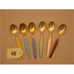 Set of six Norwegian silver and enamel coffee spoons, signed M.A…
