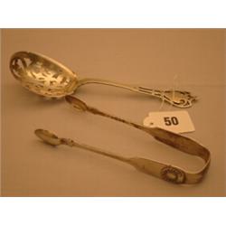 Pair of hallmarked silver sugar tongs by Reed & Sons, Newcastle 1857, plus a silver pierced spoon…