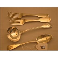 William IV silver hallmarked spoon, Dublin 1830, four forks hallmarked London 1847 plus ladle, Lo…
