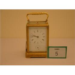 19c brass repeater carriage clock with ceramic dial and bevelled edged glass, face has some rubbi…