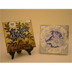 Crown Dunhill & Co of Shropshire handpainted floral tile, 6x6", plus other in blue and white…