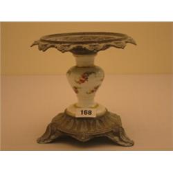 Cast Victorian lampbase with central handpainted porcelain column, 6.5" high…