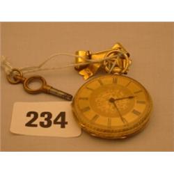 18ct gold ladies decorative pocket watch by Hardys of London with fusee movement and original key…