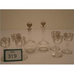 Two late 18c miniature decanters plus six liqueur glasses with gilt borders…