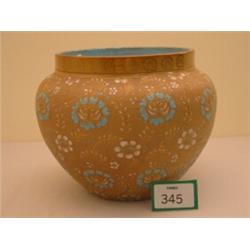 Doulton Lambeth jardiniere, blue and pink flowers on brown lace ground, 10" high…
