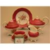 Image 1 : Late 19c twelve place setting handpainted tea set with floral decoration, crimson and gold to bor…