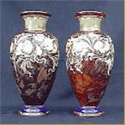 Pair of Doulton Lambeth vases by Eliza Simmance and Bessie Newbury, 12" high…