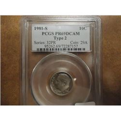 1981-S TYPE II ROOSEVELT DIME PCGS PR69DCAM