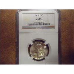 1945 WASHINGTON SILVER QUARTER NGC MS65