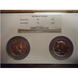 THE END OF AN ERA NGC MULTI COIN HOLDER SET 1963 FRANKLIN AND 1964 KENNEDY HALVES, BOTH PF67