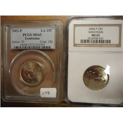 2-SLABBED QUARTERS SEE DESCRIPTION 2002-P LOUISIANA PCGS MS65 AND 2004-P WISCONSIN NGC MS65