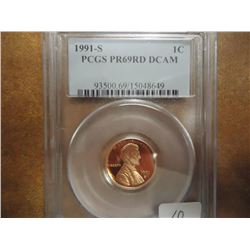1991-S LINCOLN CENT PCGS PR69RD DCAM