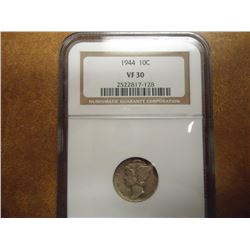 1944 MERCURY DIME NGC VERY FINE 30