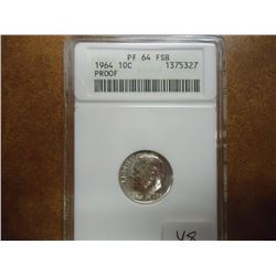 1964 SILVER ROOSEVELT DIME ANACS PF64FSB