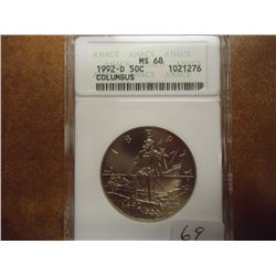 1992-D COLUMBUS HALF DOLLAR ANACS MS68