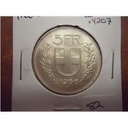 1966-B SWISS SILVER 5 FRANC .4207 OZ. ASW