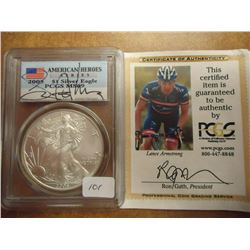 2005 AMERICAN SILVER EAGLE LANCE ARMSTRONG AMERICAN HEROS SERIES PCGS PERSONALLY SIGNED BY LANCE ARM