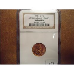 1954-S LINCOLN CENT NGC MS66RD OMAHA BANK HOARD