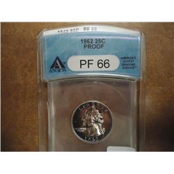 1962 WASHINGTON SILVER QUARTER ANACS PF66