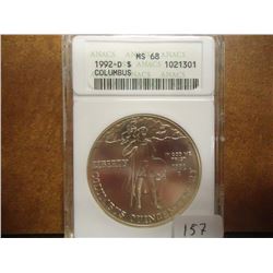 1992-D COLUMBUS SILVER DOLLAR ANACS MS68