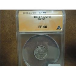 1894-A SWISS SILVER HALF FRANC ANACS EXTRA FINE 40