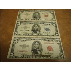 1953-A,53 & 1963 $5 BILLS 53-A & 63 ARE US NOTES RED SEALS, AND1953 IS A SILVER CERTIFICATE