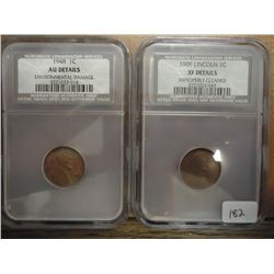 LOT OF 2 SLABBED LINCOLN CENTS SEE DESCRIPTION 1909 NCS XF DETAILS AND 1948 NCS AU DETAILS