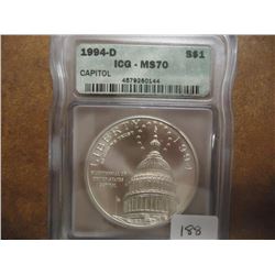 1994-D US CAPITOL SILVER DOLLAR ICG MS70