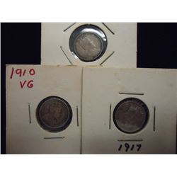 1903-H,1910 & 1917 CANADA SILVER 5 CENTS