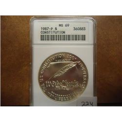 1987-P US CONSTITUTION SILVER DOLLAR ANACS MS69