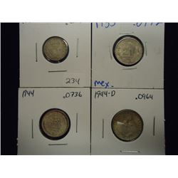 LOT OF 4 SILVER FOREIGN COINS SEE DESCRIPTION 1921 GREAT BRITAIN 3 PENCE, 1935 MEXICO 20 CENTAVOS, 1