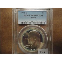 1974-S IKE SILVER DOLLAR PCGS PR68 DCAM TONING ON OBV.