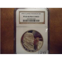 1993-S MADISON COMMEMORATIVE SILVER $ NGC PF65 ULTRA CAMEO